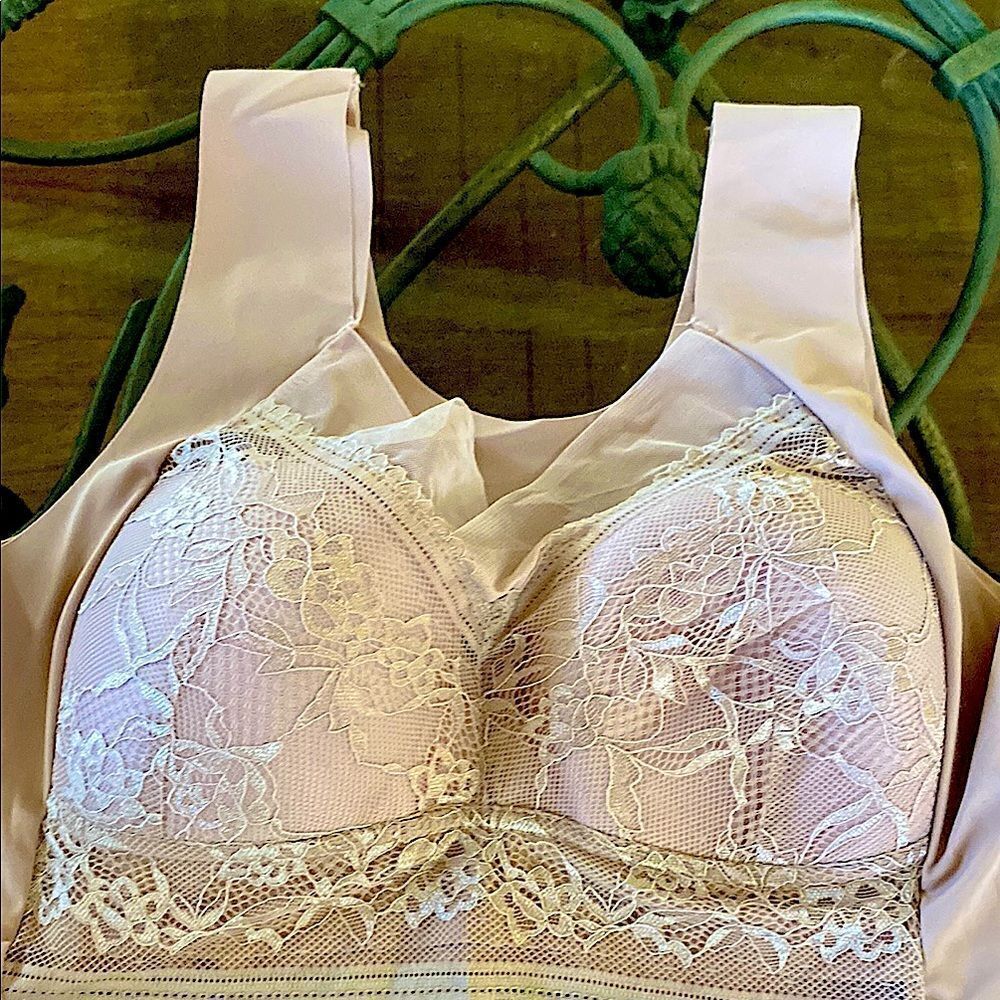 Lace front Bralette -blush, no hooks, smooth back, wide comfortable straps